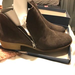 New, laser cut, micro suede, grey booties, size 10